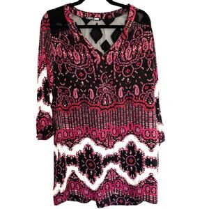 Gypsy 05 Silk Boho Floral Shift Dress Lace Back V Neck Medium